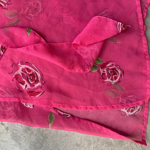 Sheer Hot Pink Silk Satin Women's Long Sleeve Bath robe house coat Rose Pattern - Picture 4 of 4